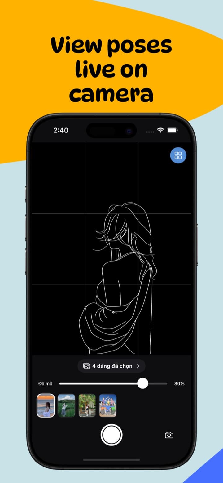 Line-art pose guide shown live on the camera